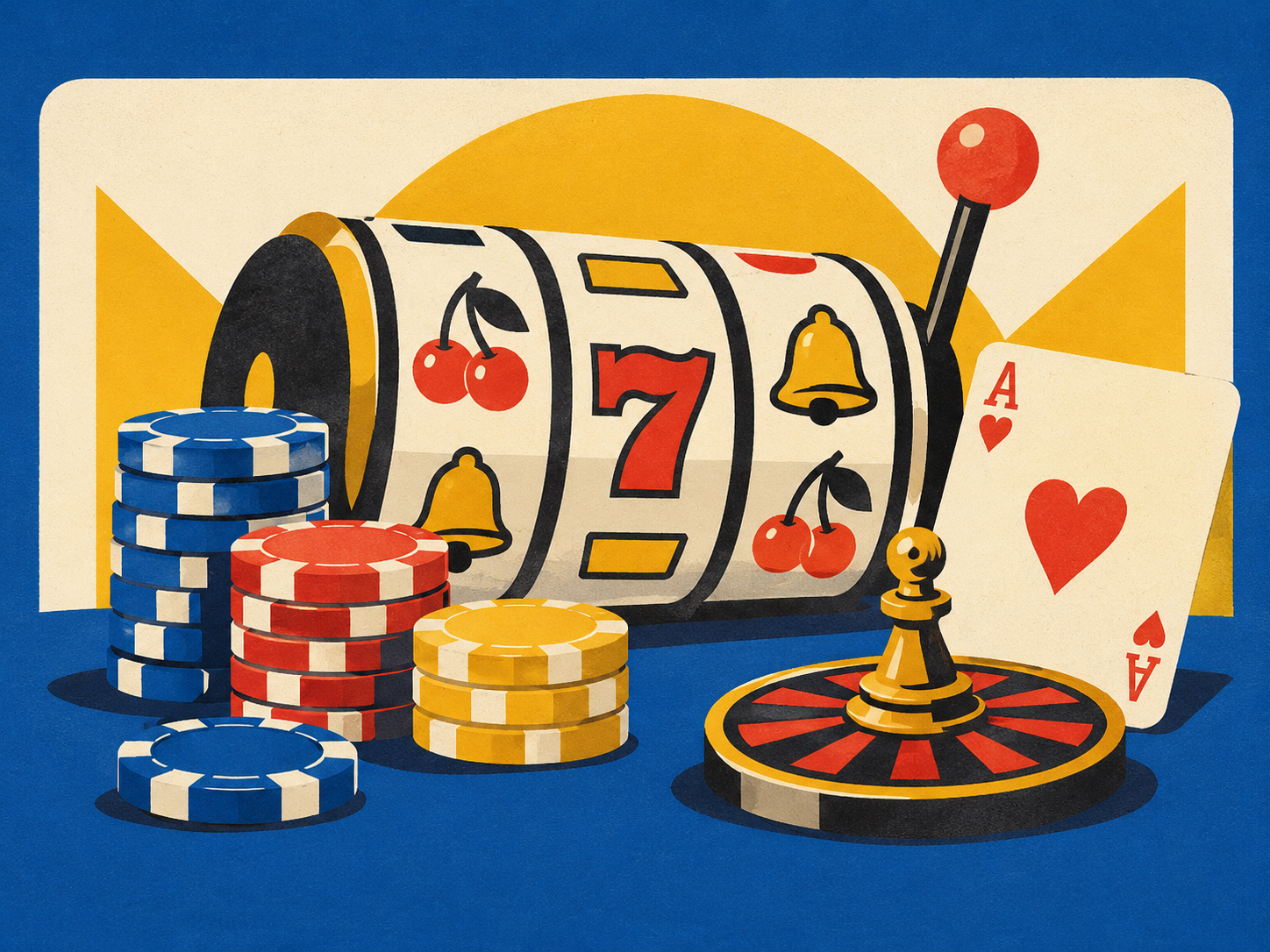 Editorial illustration of slot reels, chips, a playing card and roulette marker