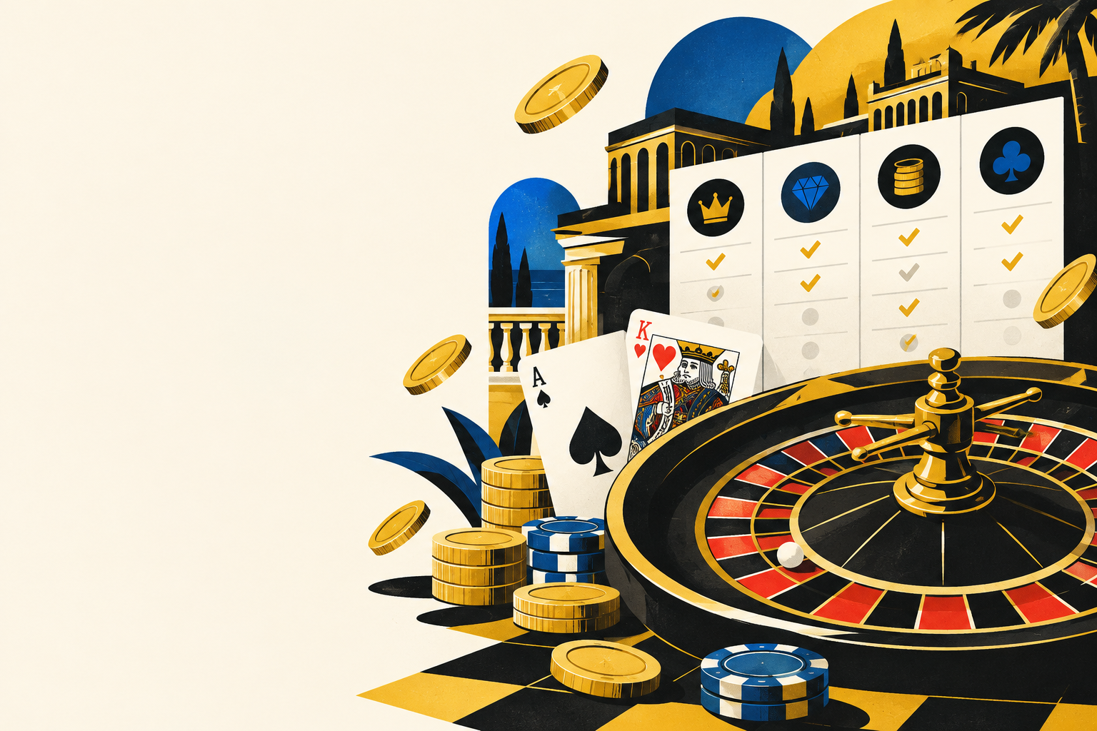 Editorial illustration of roulette, playing cards and comparison columns